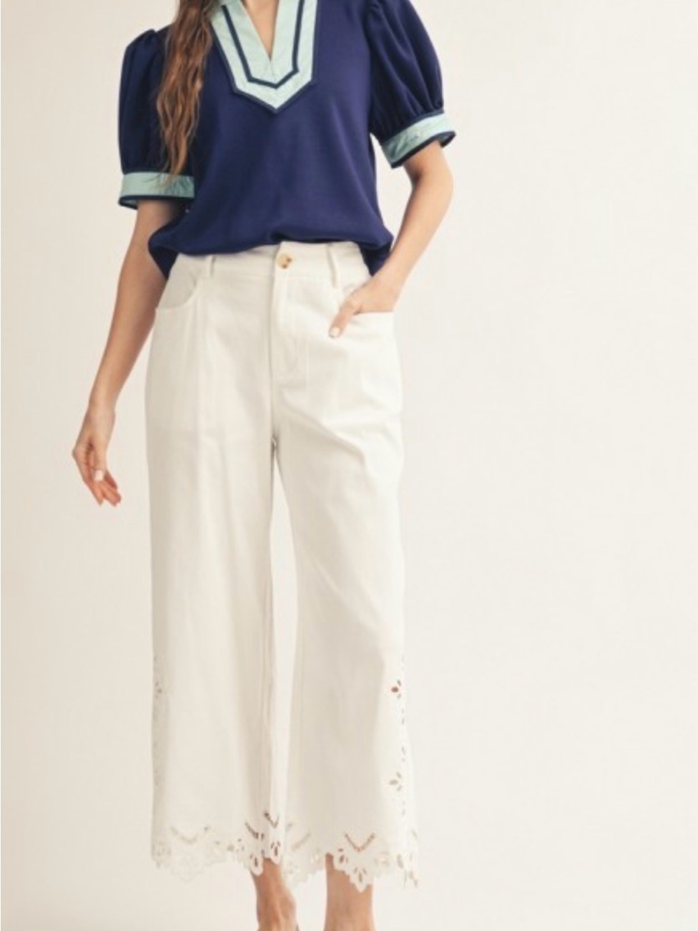 JODIFL Navy Puff-Sleeve Top with Mint Contrast - Picture 3 of 3